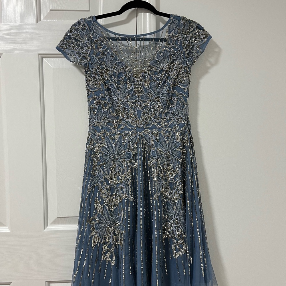 Aidan Mattox Blue and Silver Embellished Dress